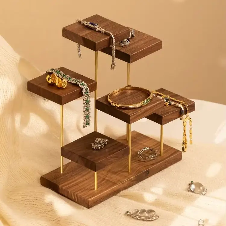 Walnut Wood Jewelry Display Tray – Solid Wood Organizer for Bracelets, Bangles & Crystal Beads, Photography Prop Stand