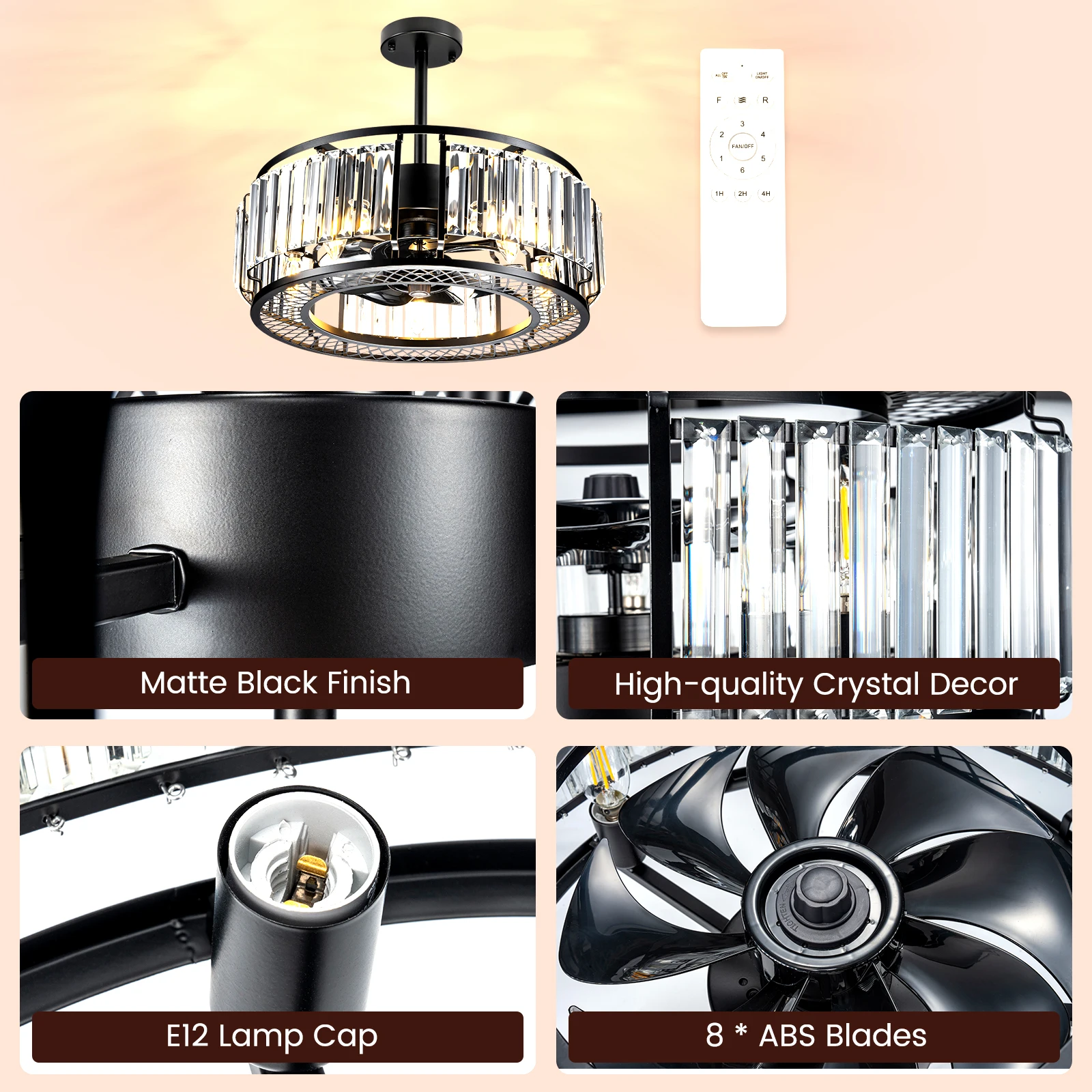 Imagem -02 - Nooknova-modern Cristal Teto Fan Luz Controle Remoto Preto Fechado Gaiola Candelabro Lâmpada 20