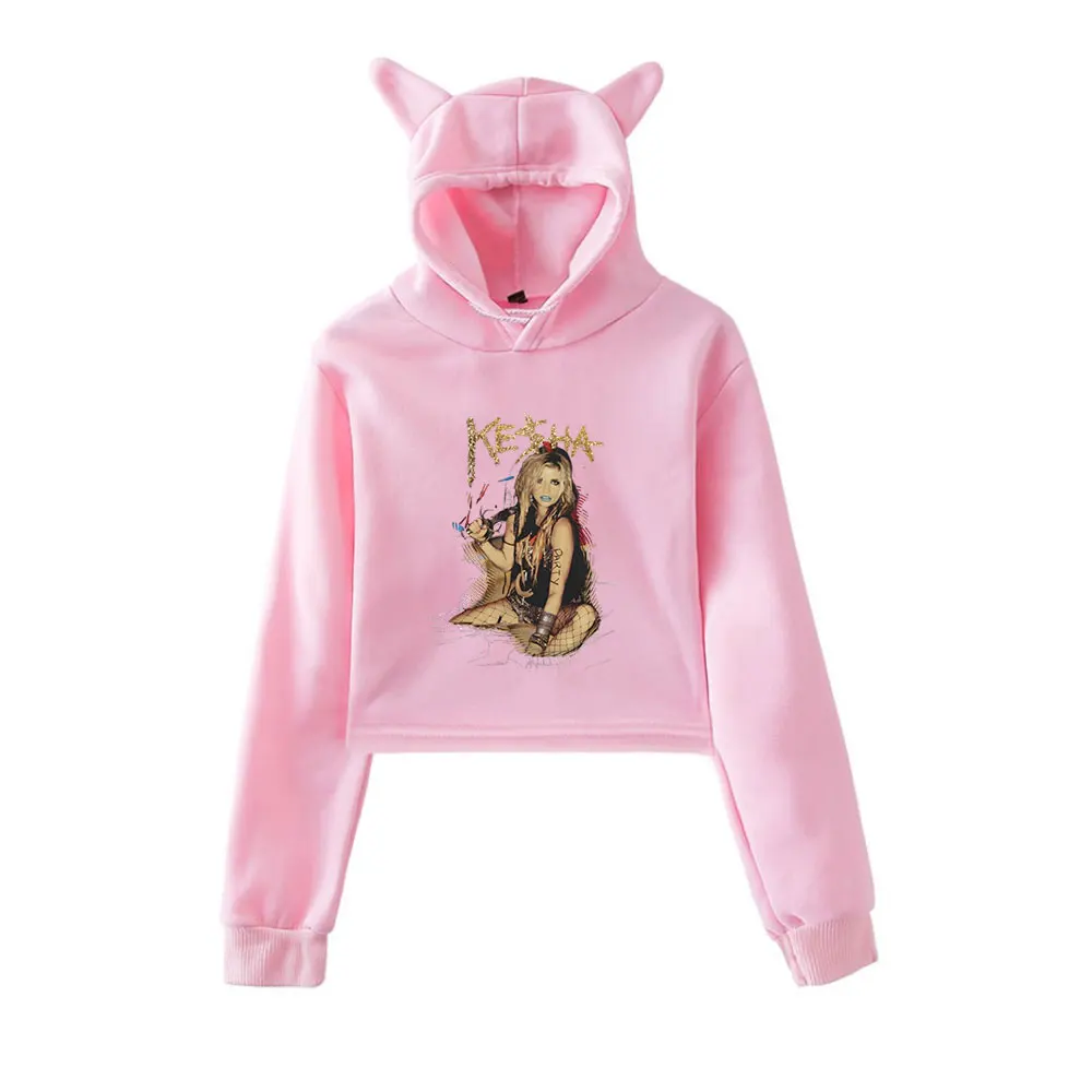 Kesha Merch خمر 90s الشارع الشهير شعار هوديي هوديس بلوزات للفتيات القط الأذن المحاصيل موضة الرياضة السترة #1