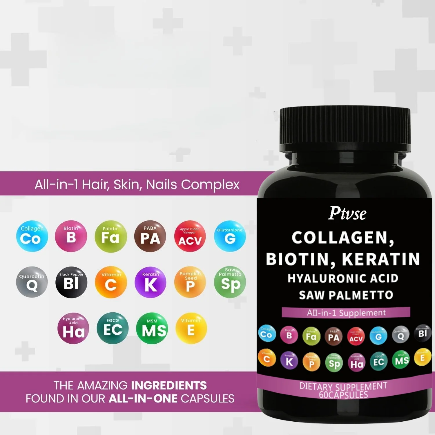 Collagen Pill 1000mg Biotin 10000mcg Keratin Saw Palm 2500mg Hyaluronic Acid - Vitamin for Hair, Skin, and Nails