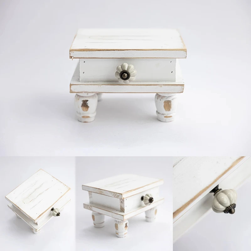 Mini tabouret rétro en bois blanc pour nouveau-né, table de photographie, accessoires auxiliaires de pose pour bébé, accessoires de prise de vue en studio, accessoires photo