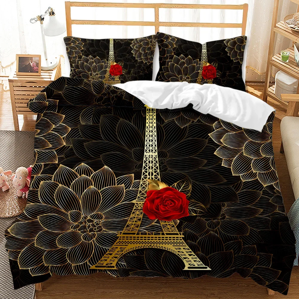 Paris Eiffel Tower Duvet Cover Set Floral Paris Landmark Eiffel Tower King Bedding Set Romantic Couple Polyester Comforter Cover