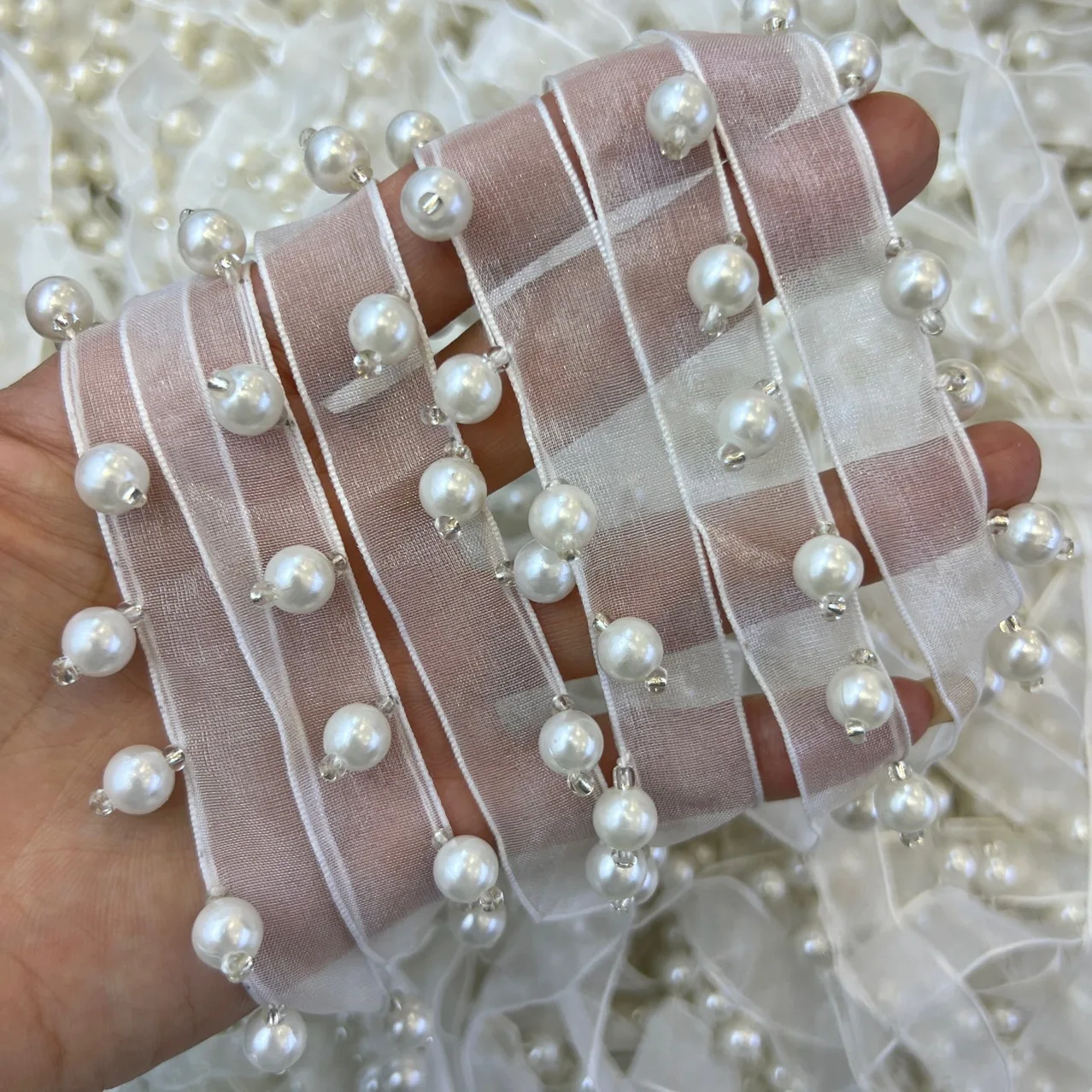 Wholesale Faux Pearl Tassel Fringe Trim 10 Yards Bulk Organza Pearl Bead Ribbon for Wedding Dress DIY Sewing Craft Accessories