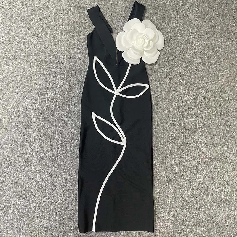 Women's Evening Dresses Sexy Strapless Tie White Flowers Bodycon Bandage Long Dresses Elegant Party Birthday Dresses
