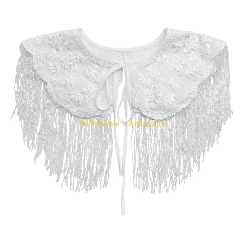 Q39C Embroidered False Collar Detachable Fringe Decorative Collar Overlay with Front Tie Closure for Layered Outfit Styling