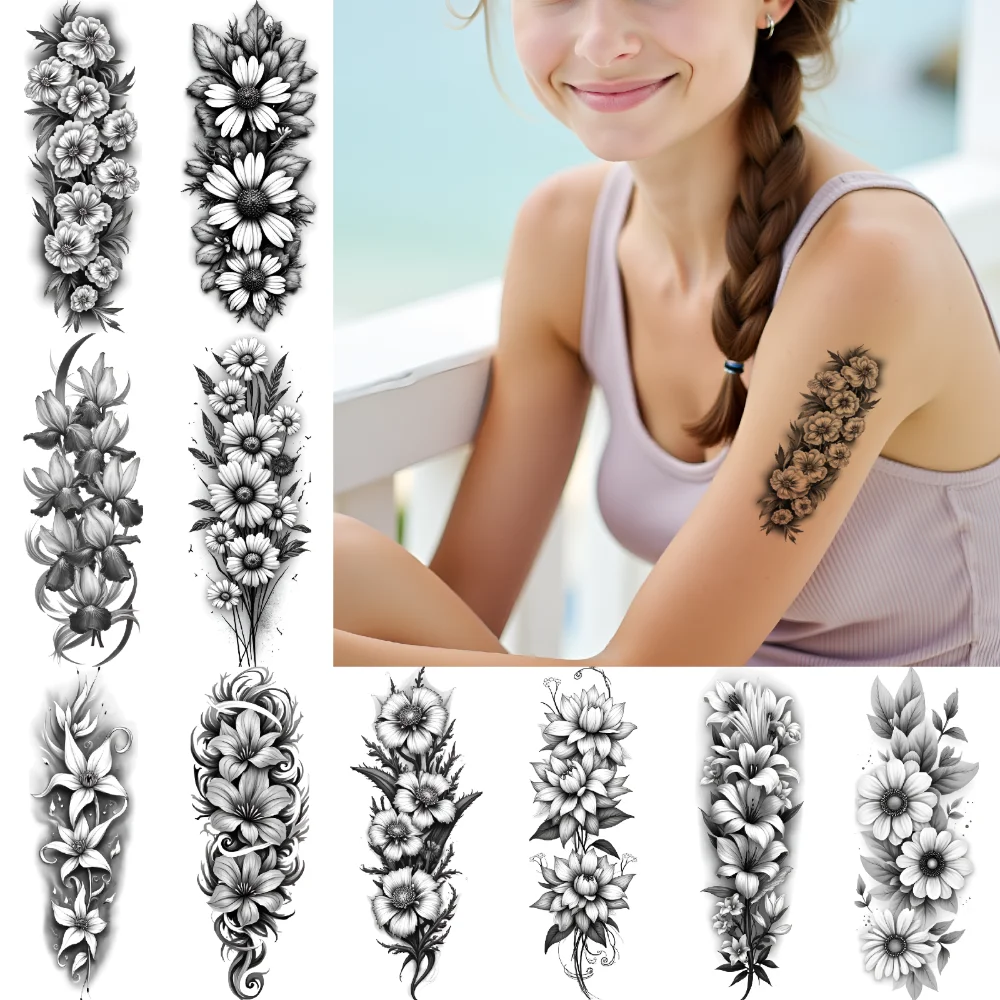 

12pcs Temporary Tattoo Rose Cluster Black And Grey Realism Hibiscus Pattern Sunflower Design Realistic Temporary Tattoos For