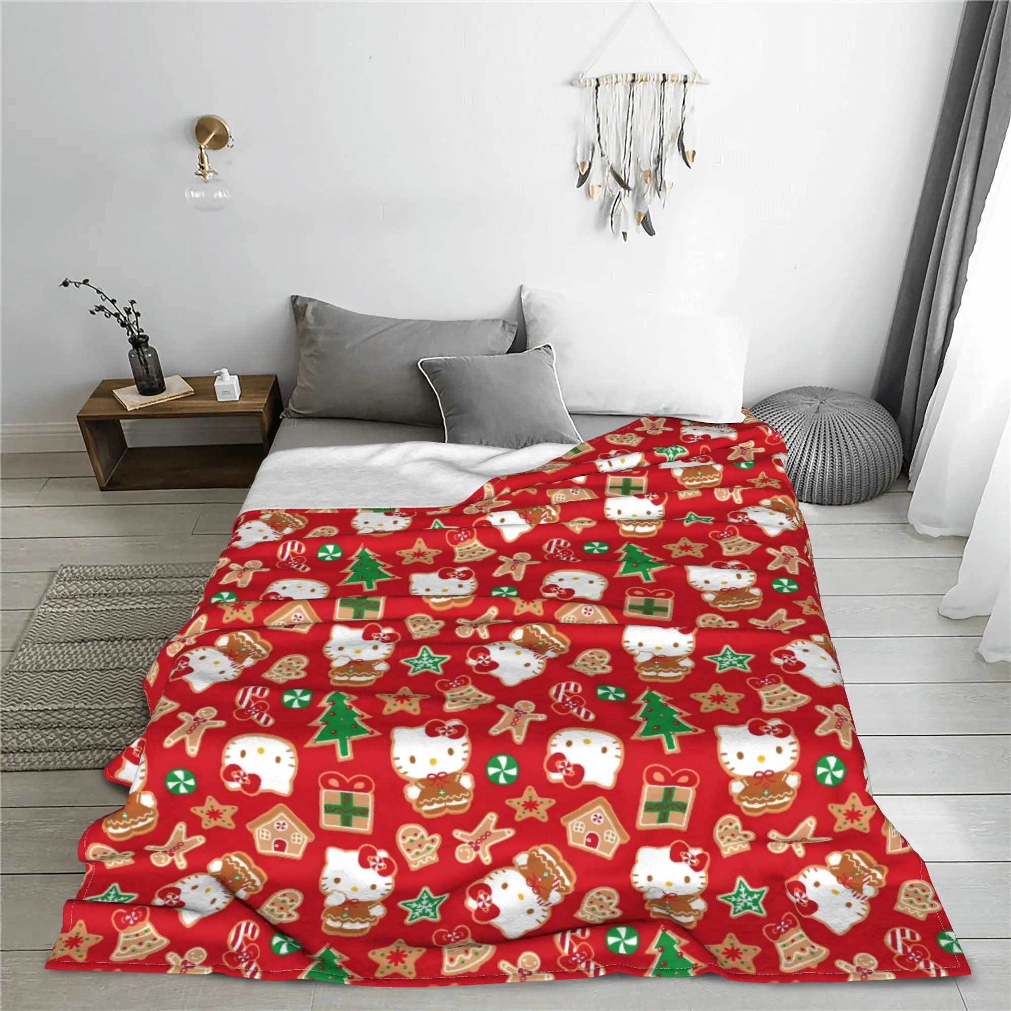 Christmas Hello Kitty Gingerbread Knitted Blankets Kawaii Cute Cartoon Wool Throw Blanket Printed Ultra-Soft Warm Thin Quilt