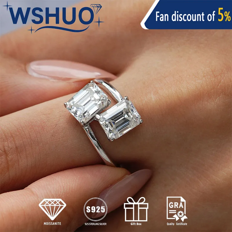

WSHUO 4cttw Emerald Cut Full Moissanite Rings S925 Pure Silver Double Diamond Women Ring High end jewelry gift GRA Certified