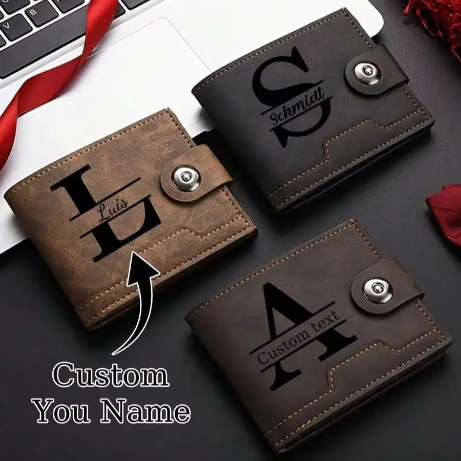 Customized Letter Name Wallet for Men Engraved Leather Purse Bifold Classic Male Card Holder Personalized Gifts for Dad/Husband