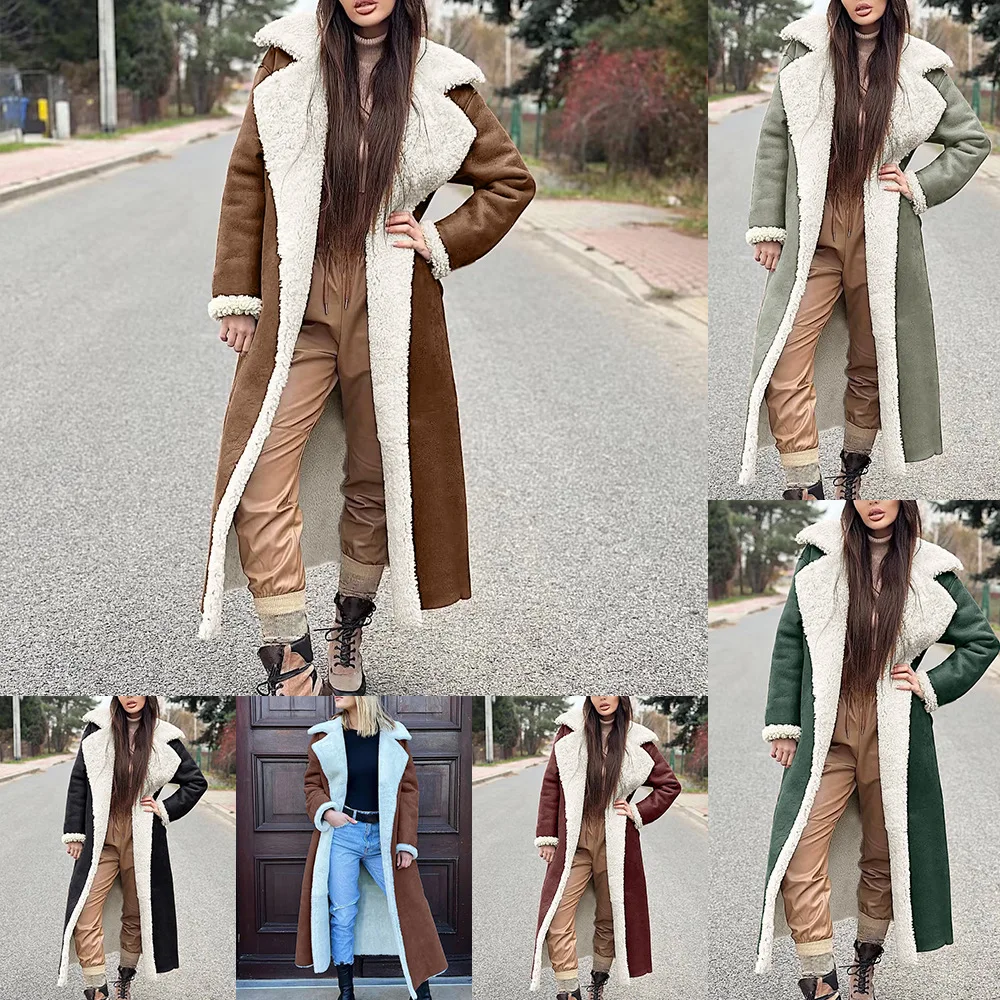 Lamb Wool Coat Women Long Coats Turn Down Collar Full Sleeve Warm Thick Maxi Mom Y2k Elegant Splice Jackets Autumn Winter