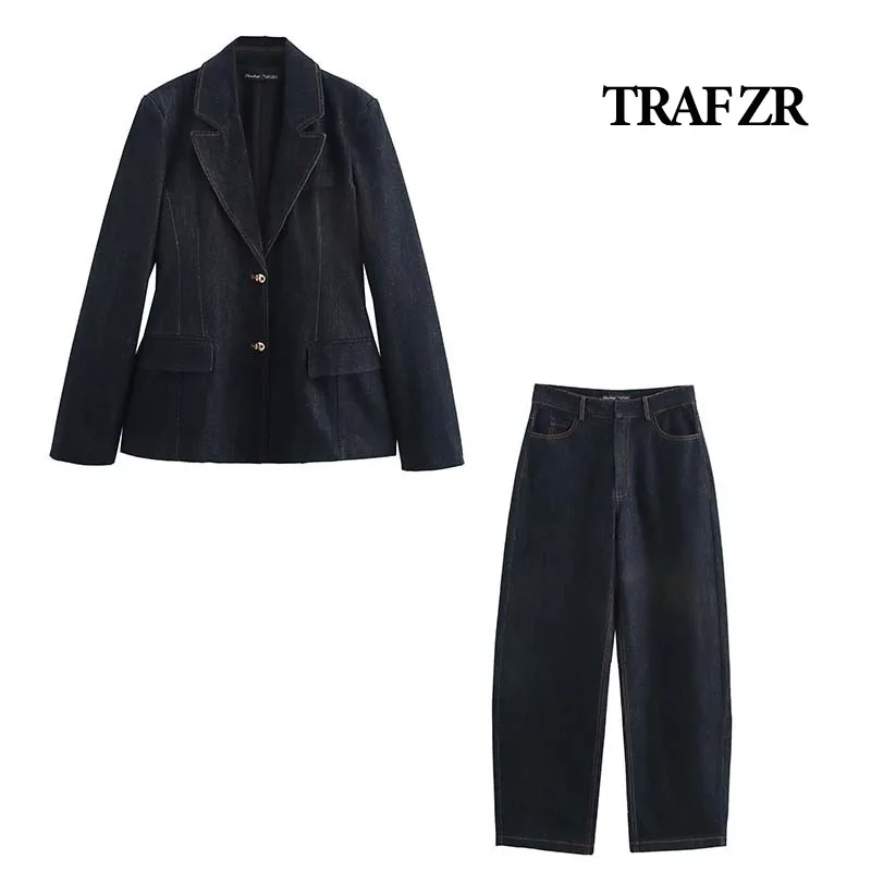 TRAF ZR 봄 2025 높은 데님 세트 스탠드 칼라 블레이저 편안한 바지 낮과 밤 과도기적 스트레치 원단 필수품