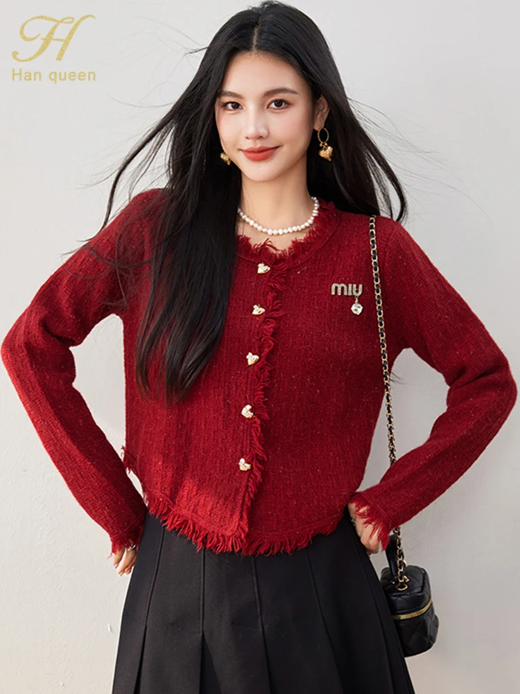 H Han Queen Autumn Winter Tassel Christmas Sweater Women Casual Basic Long Sleeve Knitwear Vintage Cardigans Top Female Clothing