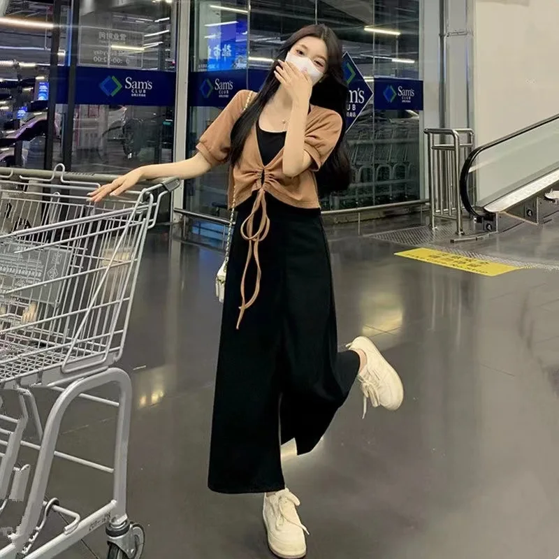 2024 New Cool Wind Tie Up Top Large Drop Feel Split Neck Hanging Strap Long Dress Two Piece Set for Women