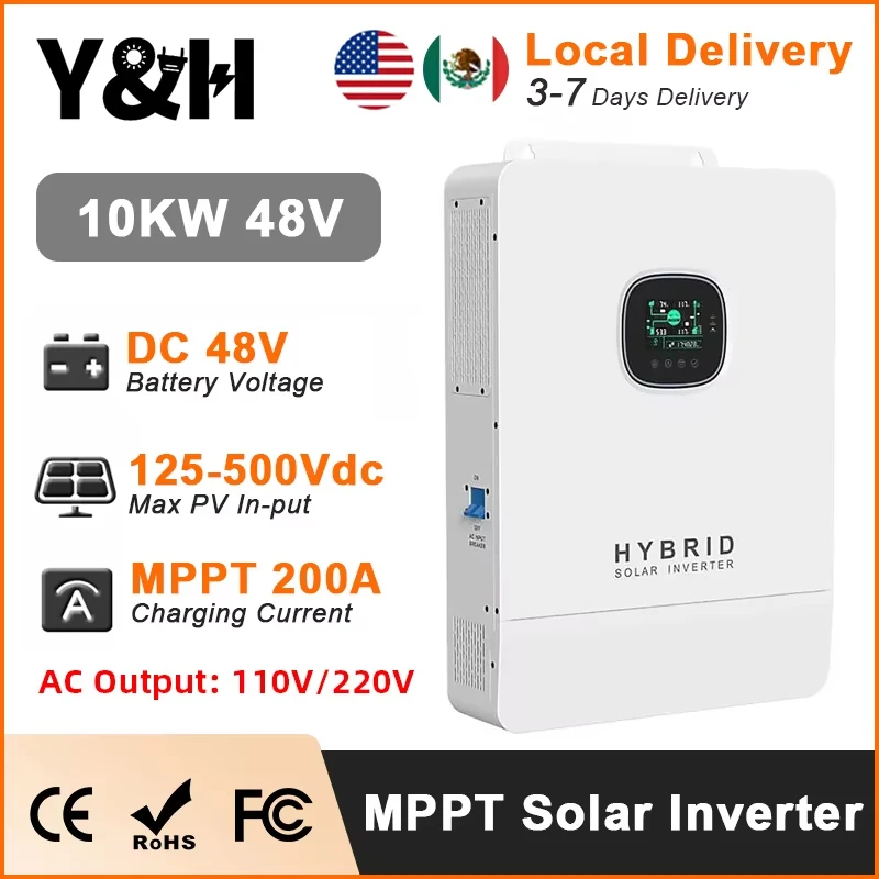 Y&H 10KW Hybrid Solar Inverter 48V 110V/220V Split Phase Off-Grid Inverter Supports Parallel-Capable, MPPT 200A Solar Charger