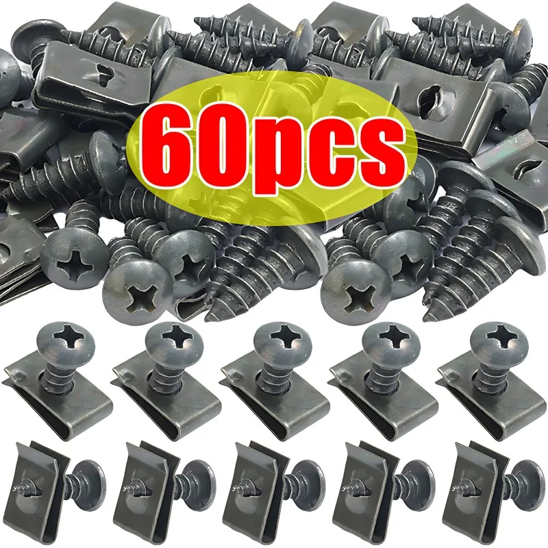 

60/20Pcs Car Metal Screw Fastener U-Type Clips Anti-rust Clamp Fastener Bumper Fender Trim Panel Fastener Board Clip Accessories