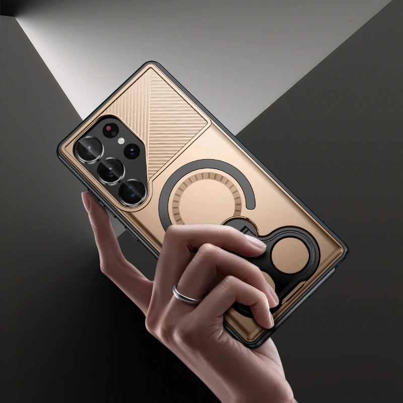 Magsafe Magnetico 360 ° Custodia per telefono con armatura in tinta unita con staffa in metallo girevole per Samsung S25 Ultra Edge S23 S24 Ultra Plus A56 A36
