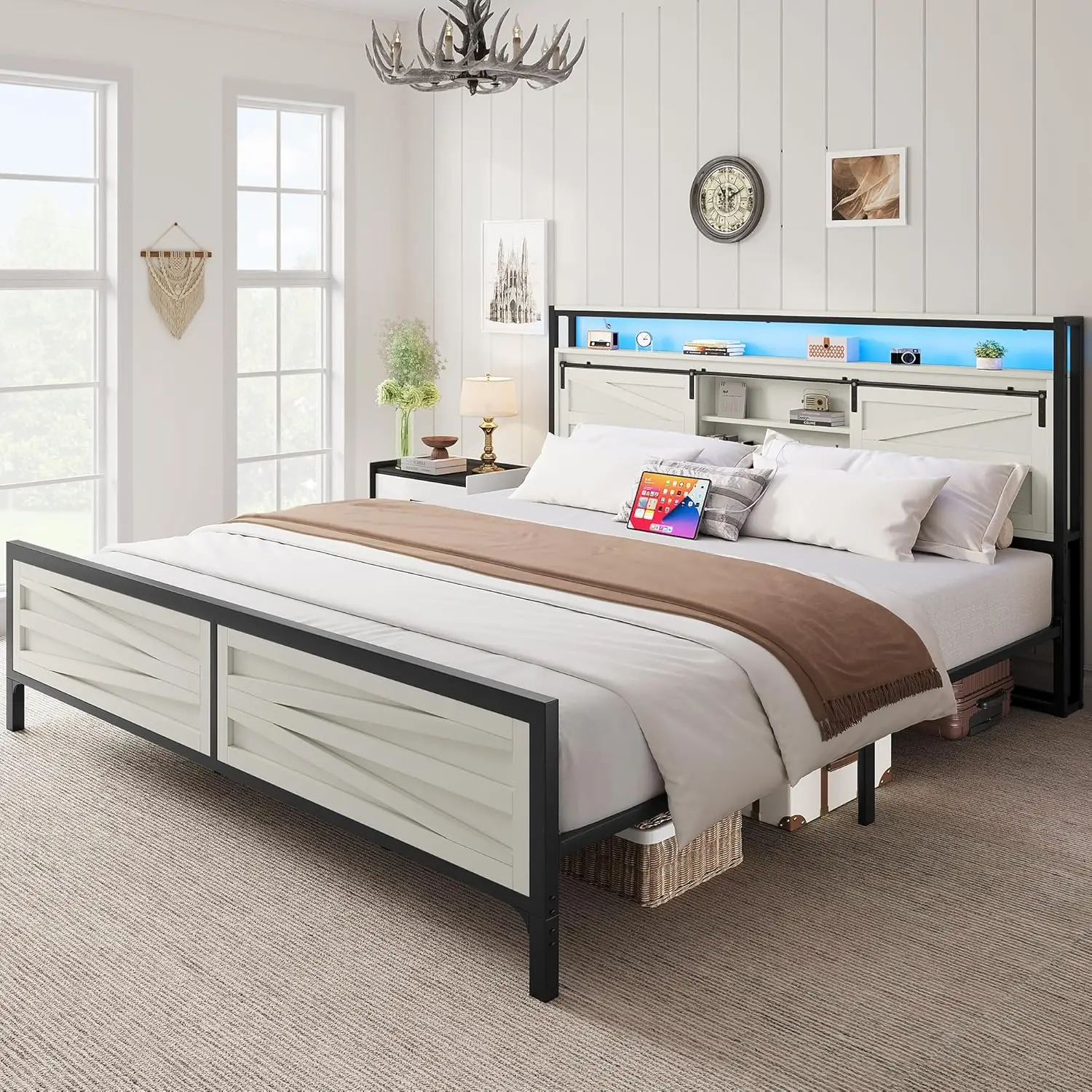 Farmhouse King Bed Frame with Storage Bookcase Headboard, Platform Bed Frame with LED Lights & Charging Station