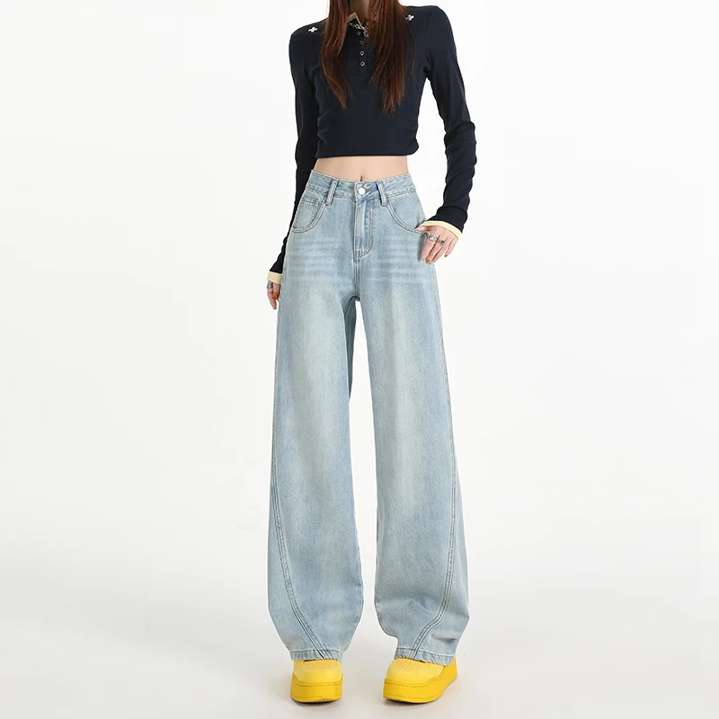Woman Jeans High Waist Wide Leg Cotton Denim Clothing Design Sense Straight Pant Fashion Comfort White Retro Blue Casual Trouser - Image 5