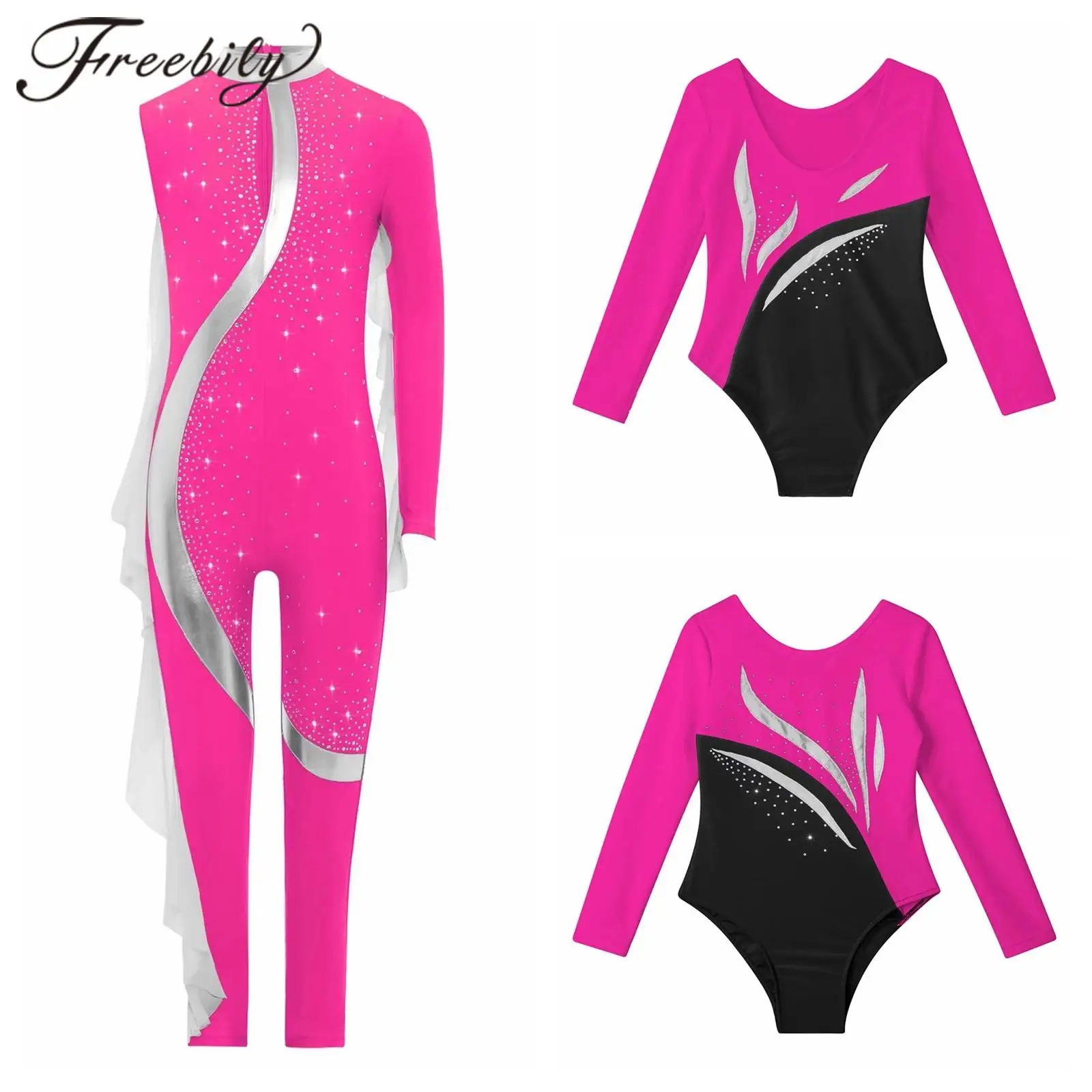 Children Gymnastics Bodysuit for Girls Jumpsuits Long Sleeve Skating Kids Shiny Rhinestone Ballet Dance Leotards Dancewear