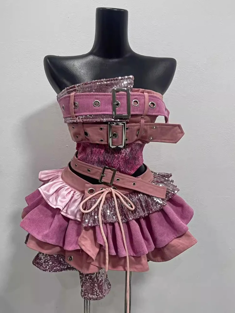 2000s الجمالية الشرير نمط المرأة الجديدة 2 قطعة مجموعة مثير بلوزات بلا حمالات + تنورة عالية الخصر الإناث ريترو شيك الملابس الكورية الشعبية #5