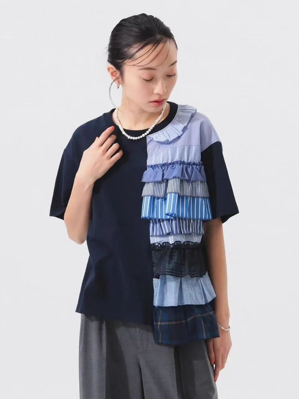 

Summer New Style Japanese Design Striped Grid Splicing Short Sleeve Ethnic Pure Cotton T-Shirt Women's Commute Style Loose Fit