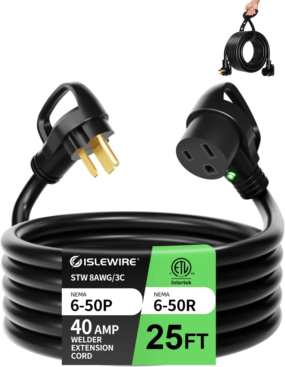 

8 AWG 250V Welder Extension Cord 25ft Heavy Duty NEMA 6-50 with LED Light and Handle for Welding Machines
