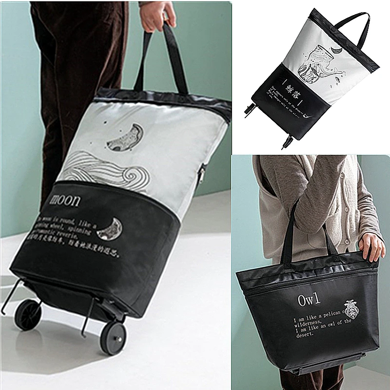 Foldable Pull Cart Trolley Shopping Bag with Wheels Portable Large Capacity Folding Grocery Shopper Handbags Organizer Bags