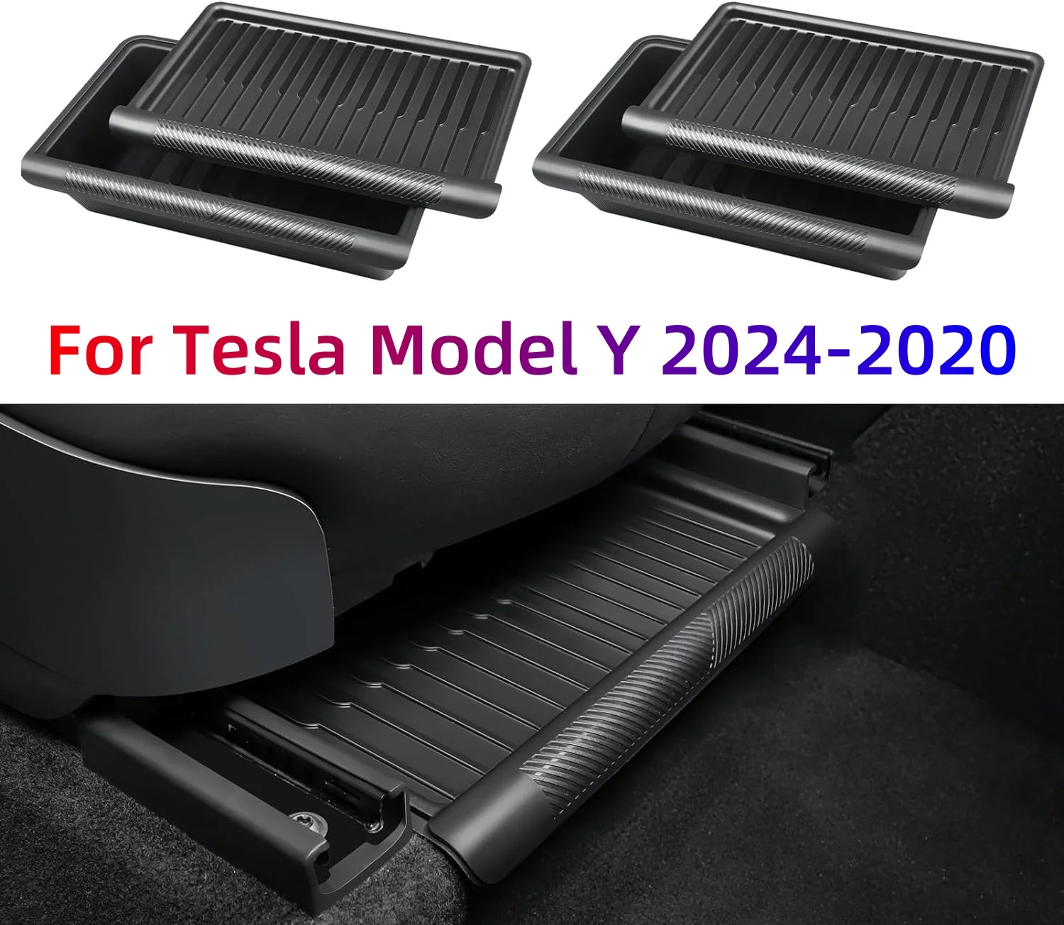 

2PCS Under Seat Storage Box for Tesla Model Y 2024,TPE Storage Tray Box with Lid, Model Y Organizer Accessories 2020-2024, Black