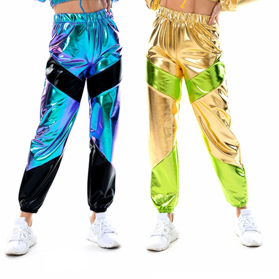 

Metallic Pants Women Kpop Hip Hop Street Dance Reflective Trousers Patchwork Jogger Clothes Nightclub Rave Outfit 2024 Casual