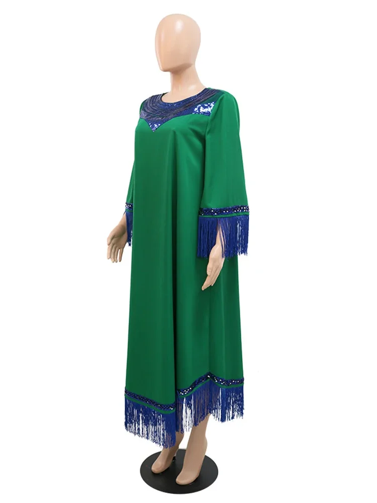 Eid Ramadan Morocco Dress Women Jalabiya Sequins Tassel Muslim Abaya Kaftan Evening Dress Green Party Vestidos Fashion Abayas