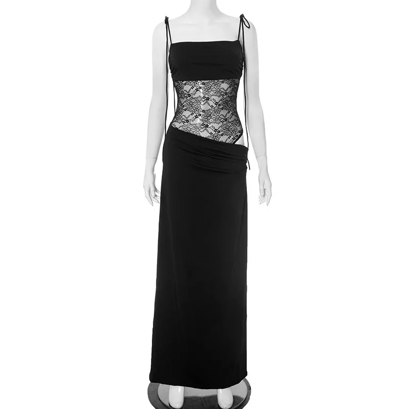 أنيقة الدانتيل قطع فساتين ماكسي للنساء 2025 مثير السباغيتي حزام المرقعة عطلة فستان الحفلات الصيف عارية الذراعين فستان طويل #5