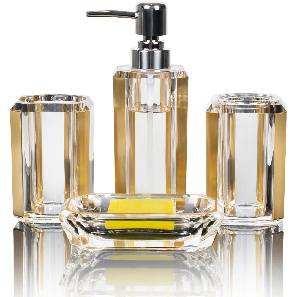 

Набор акриловых аксессуаров премиум-класса из 4 предметов для ванной комнаты, бутылка дезинфицирующего средства для рук, костюм для ванной комнаты с лосьоном, коробка для мыла с отдельной бутылкой, рот