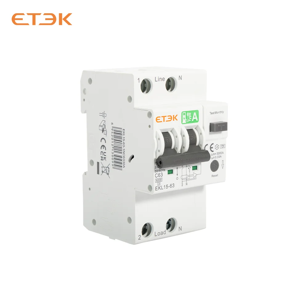 ETEC Atype RCBO 40A 63A Защита от перегрузки по току и утечки RCBO 6kA 2p Автоматический выключатель остаточного тока EKL15