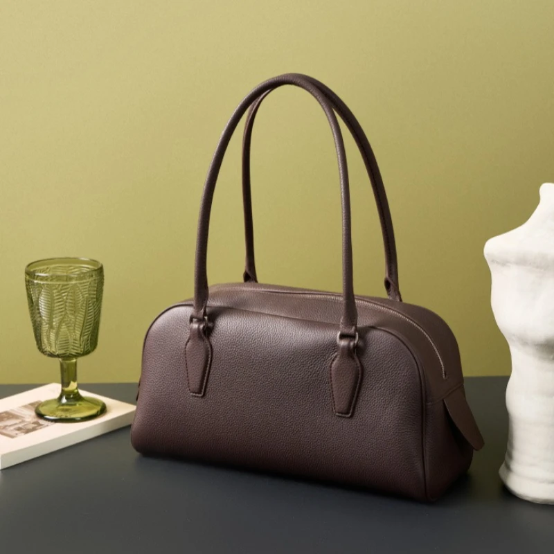 

Women's East-West Bowling Bag with Genuine Leather Vintage Underarm Top Handle Shoulder Daily Work Spacious