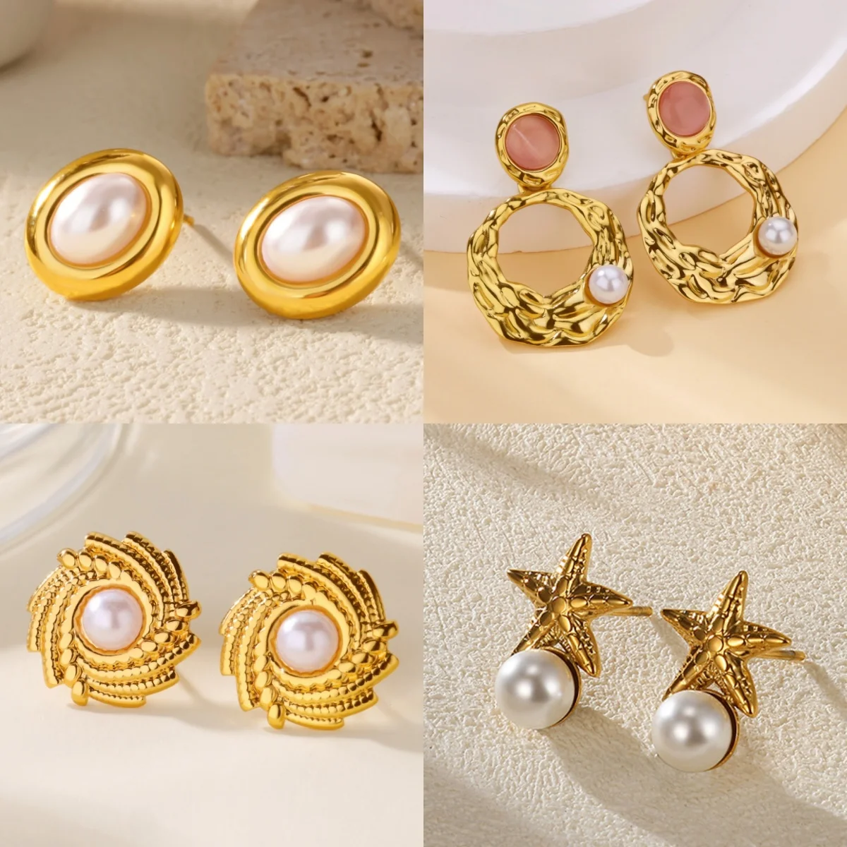 Retro Imitationsperlen-Blumen Damen-Ohrstecker Vergoldeter Edelstahl Farbiger Zirkon Schmuck Ohrringe Geschenk