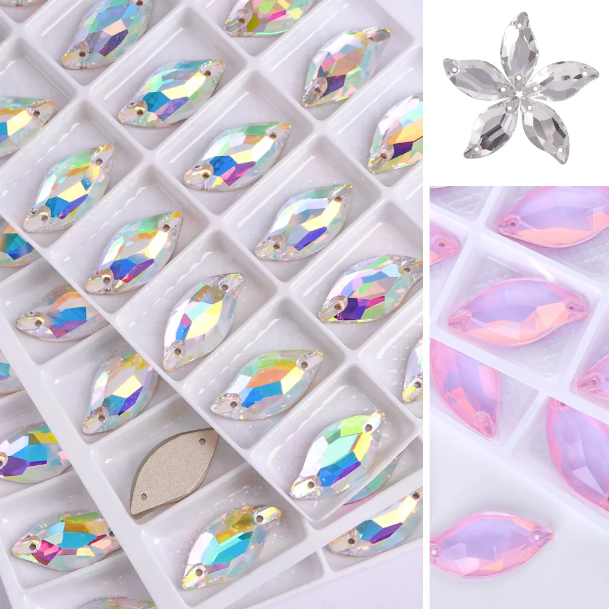 

10x20mm 14x30mm Willow leaf shape Flatbase Sewing Rhinestones Glitter Glass Clothes Wedding Dress Decoration Crystal Gems