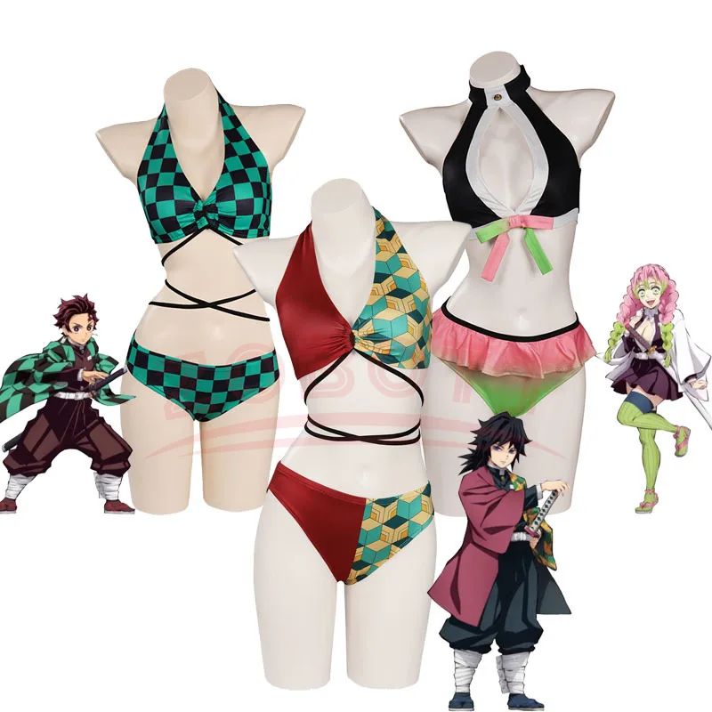 Anime Demon Kamado Nezuko Cosplay Swimsuit Bikini Cover Up Beach Bathing Two-Piece Swimwear Halloween Carnival Suit gifts