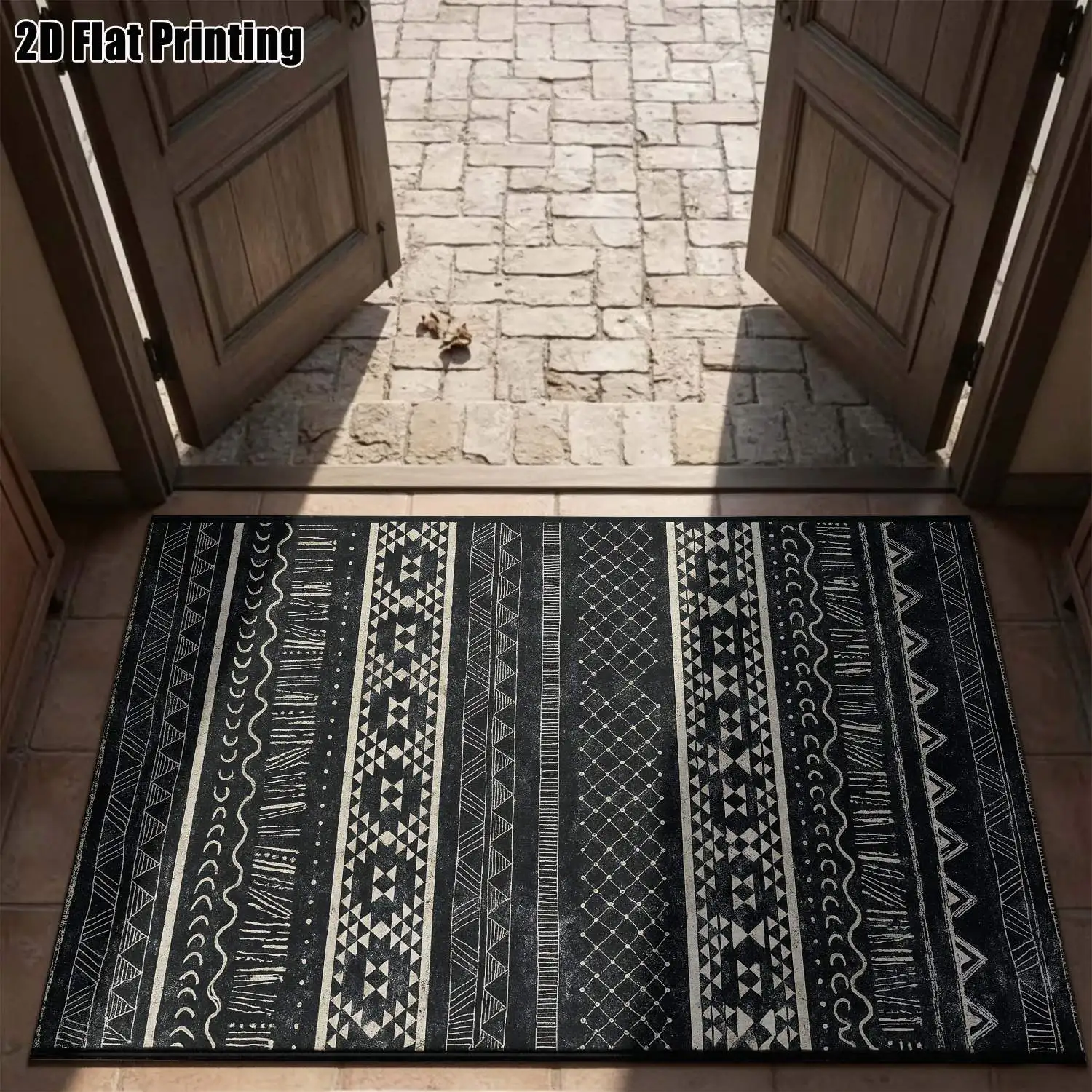 1Pc 2D Printed Black White Geometric Stripe Nordic Modern Minimalist Vintage Instagram Style Carpet Floor Mat, Multi-Size, Machine Washable, for Entrance, Dining Room, Foyer, Living Room, Bedroom, Study Home Decoration