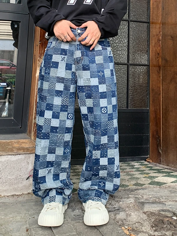 

Parisian Sle Men's Loose Straight Leg Denim Jeans Heavy Du American Retro Mosaic Cheerboard Pattern Faion Urban Casual