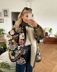 Autumn Vintage Flower Printed Loose Coat for Women Thick Warm Long Sleeve Cotton Jacket 2023 Elegant Lady Elegant Outwear Coats