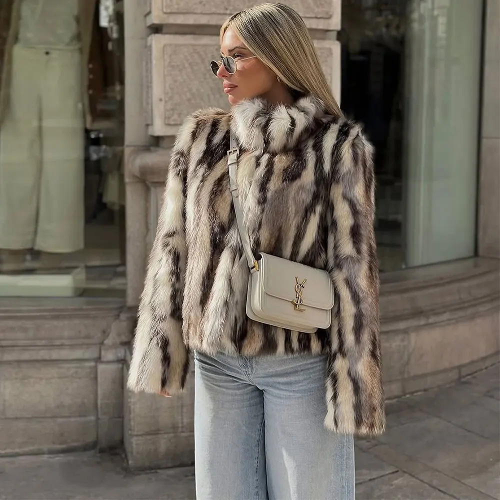 Winter Women's Fluffy Leopard Fur Jacket round Neck Short Faux-Fox Fur Coat Casual Thick Warm Plush Overcoat Korean Style