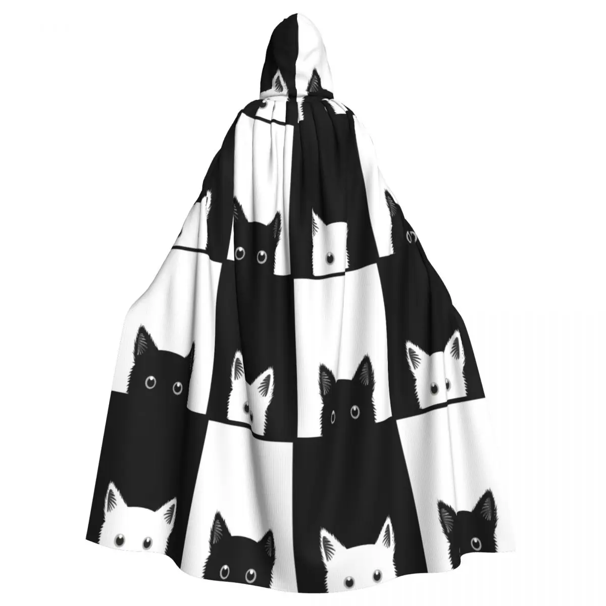 

Black White Cat Chess Board Hooded Cloak Polyester Unisex Witch Cape Costume Accessory