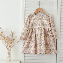 Autumn Casual Princess Dresses 1-6Y Girls Dress Lace Doll Collar Clothes Pink Flowers Costumes Kids Vestidos Cotton Party Dress