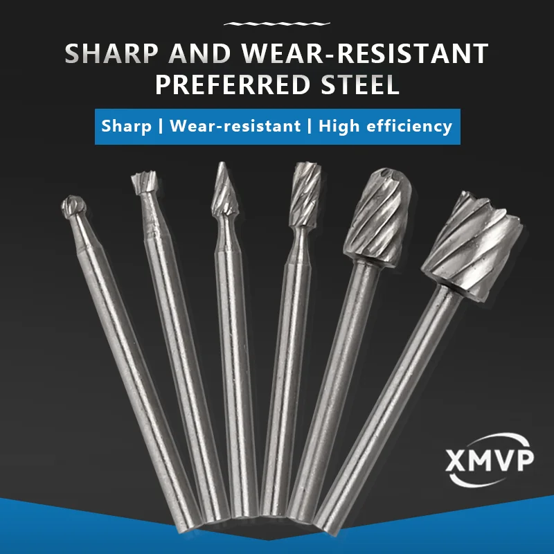 Lima rotante in acciaio ad alta velocità Manico da 3 mm Testa di molatura estesa Lavorazione del legno Fresa Radice intaglio Resina Lucidatura plastica t