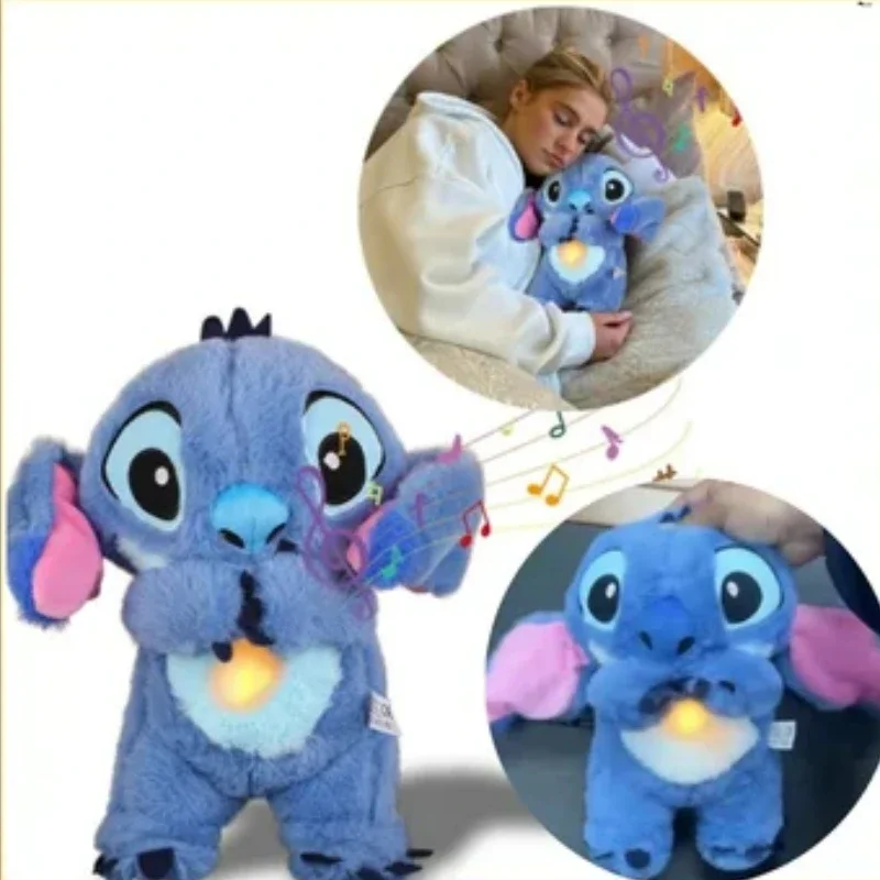 New Disney Stitch Plush Otter Soothing Music Sleep Companion with Light Kawaii Cartoon Baby Breath Bear Toys Kids Birthday Gifts