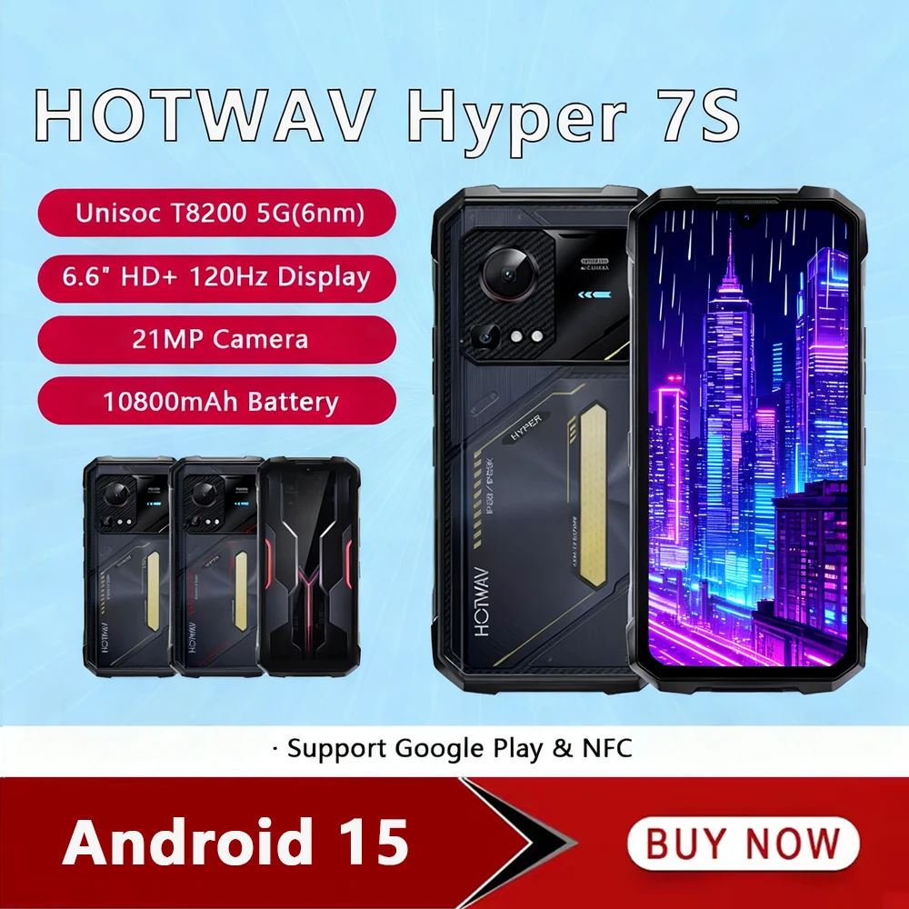 HOTWAV Hyper 7S 5G Rugged Phone 6.6“ HD+ 120Hz 4GB RAM+256GB ROM Mobile Phone IP68/IP69K 10800mAh 20W Smartphone Android 15 NFC