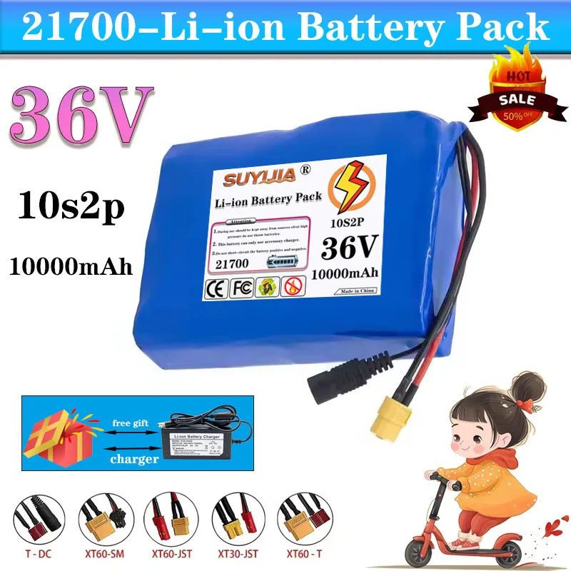 21700 Lithium Battery Pack 36V 10S2P 10Ah 500W 42V 10000mAh for Electric Pedal BMS + 42V 2A Charger