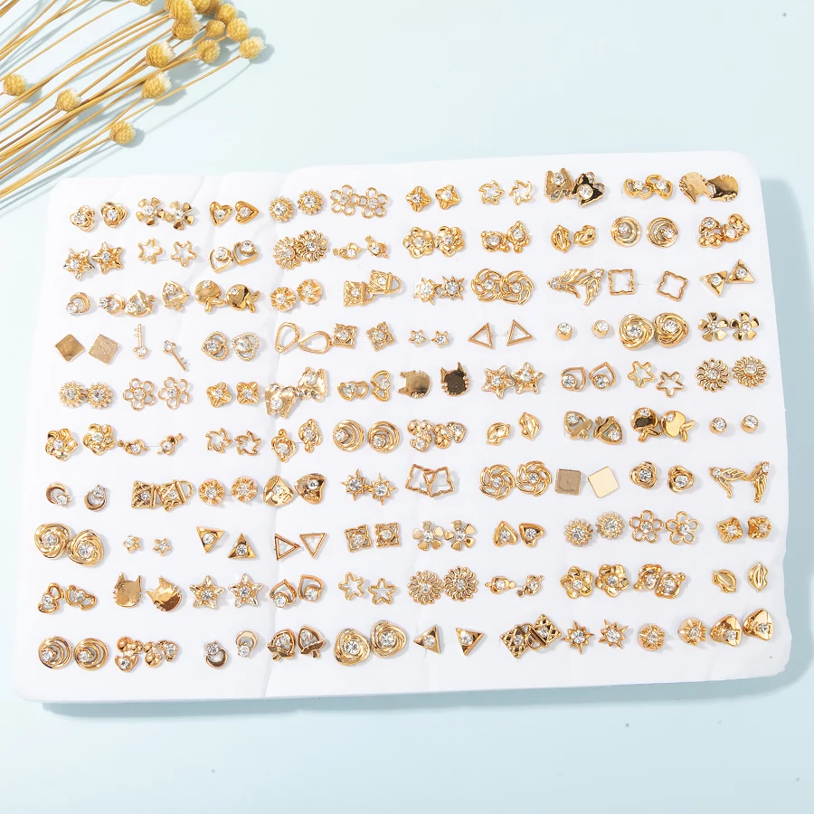 100Pairs Acrylic Crystal Heart Star Moon Small Stud Earrings Set For Women Animal Flower Plastic Earring Set Jewelry Gifts ﻿