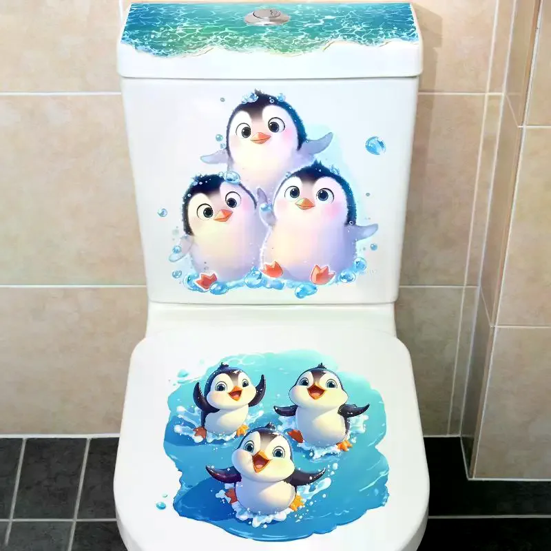 Cute Cartoon Penguin Toilet Decal Stickers Waterproof Self Adhesive Removable Fit Most Standard Toilet Lids for Home