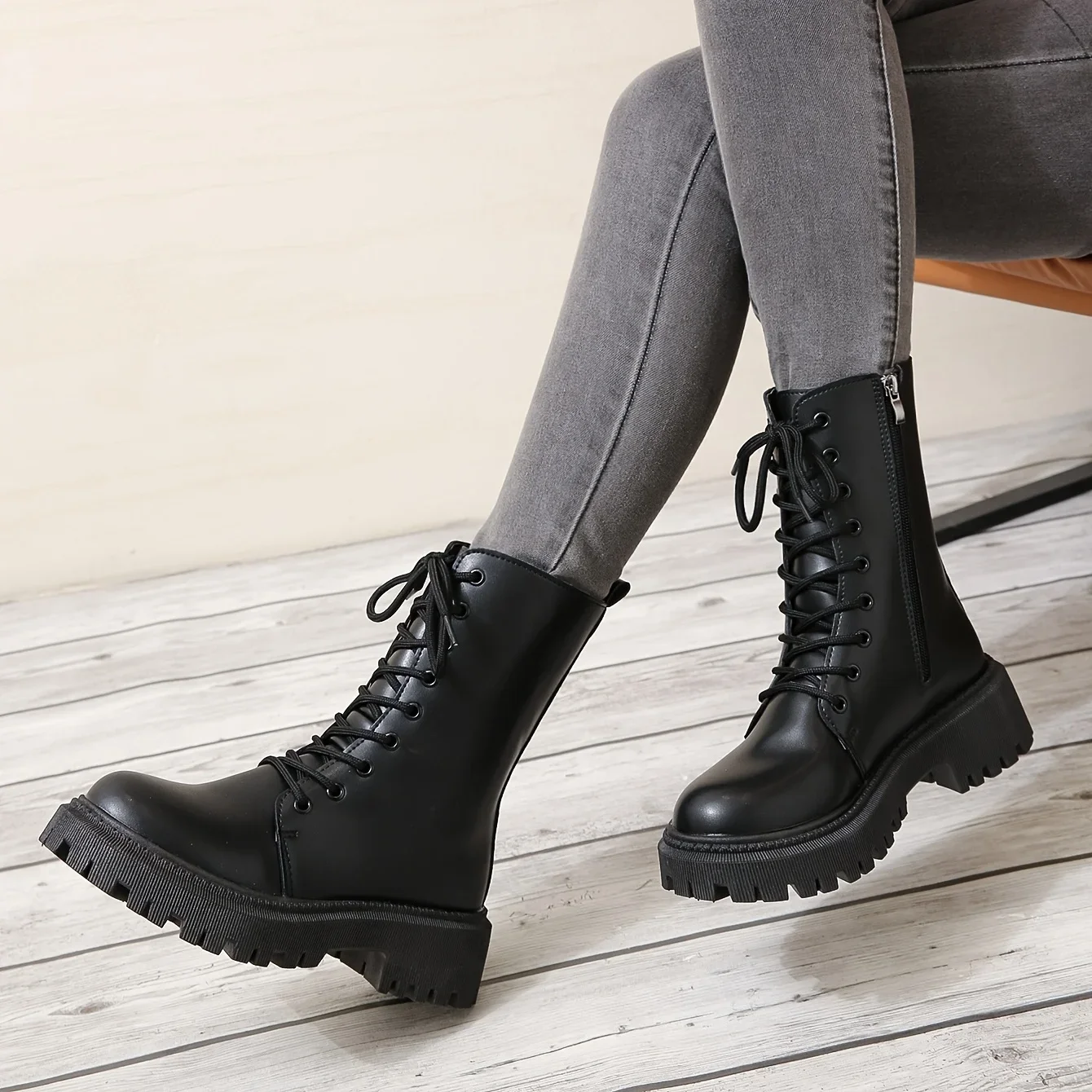 Women\'s Solid Color Combat Boots Fashion Lace Up Side Zipper Boots 2024 Faux Leather Shoes for Women Plus Size 42 Ankle Boots